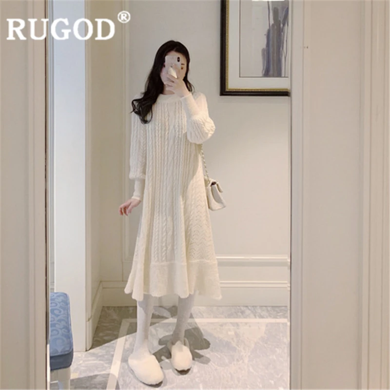 RUGOD 2019 новое зимнее теплое однотонное платье свитер для женщин с круглым вырезом