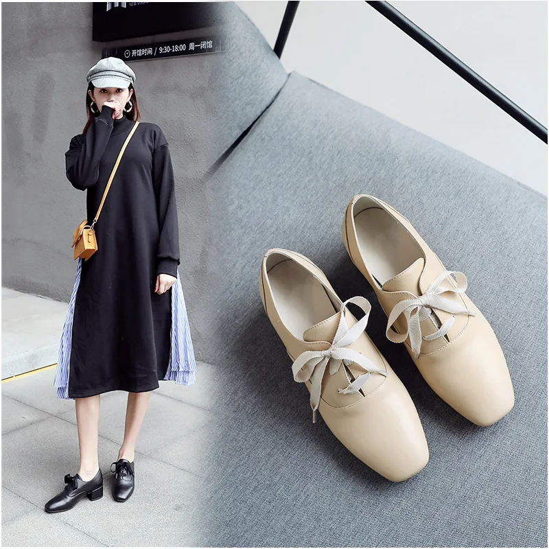 

2019 Spring New Style WOMEN'S Shoes Versatile Genuine Leather Square Head Bandage Cloth British-Style Chunky-Heel Deep-mouth Thi