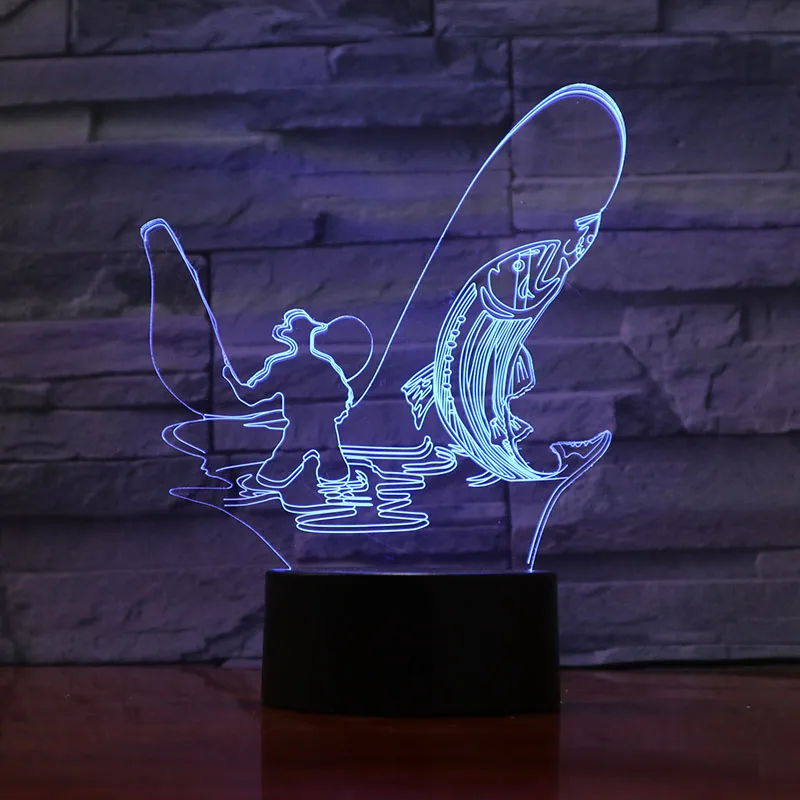 Светодиодный 3D настольный светильник в форме рыбацкого человека, USB, 7 цветов, меняющий форму рыбы, ночник, сенсорный дистанционный светильник для настроения, детский подарок, домашний декор