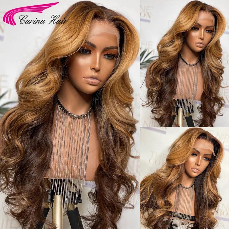 Peluca de cabello humano ondulado con encaje Frontal, pelo Remy brasileño prearrancado, Color rubio miel ombré, 180%