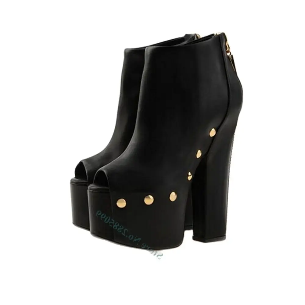 무광택 가죽 발가락 발목 부츠 사이드 리벳 플랫폼 Chunky High Heel 솔..