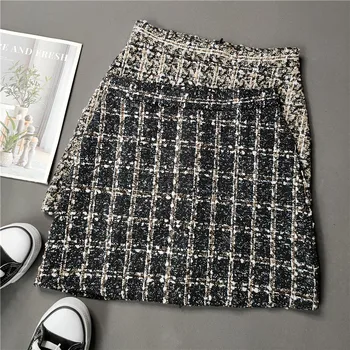 

Korean Plaid Skirt Women Sequins Slim Short Skirts 2020 Women Autumn High Waist Vintage A-line Woolen Skirt Female With Shorts