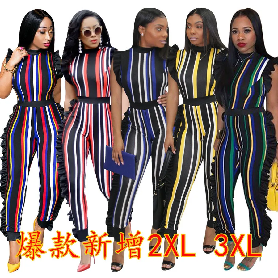 

sexy sleeveless wooden ear vertical stripe jumpsuit five colors