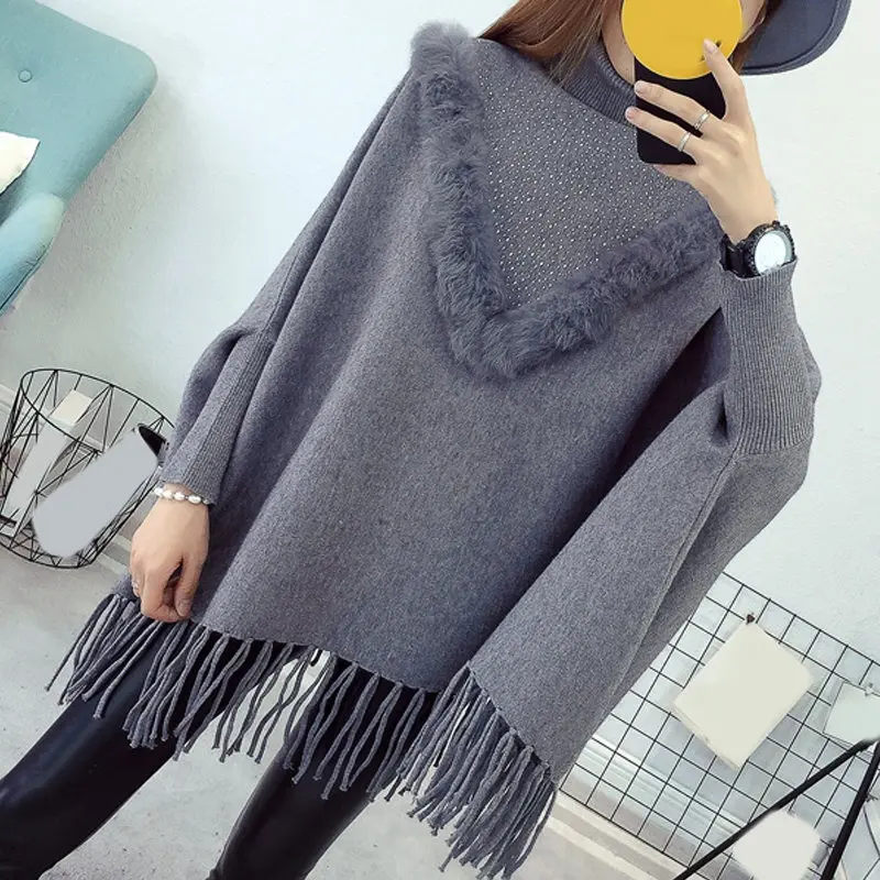 gray sweater women RealShe свитер с длинными рукавами Wome водолазка с кисточками и блестками Болеро свитера для женщин Осень Зима повседневные свитера для женщин - Цвет: gray sweater women