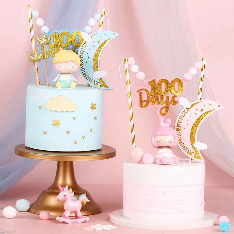 Decoration De Gateau Gillter Bleu 100 Jours Joyeux Anniversaire Etoile Et Lune 1er Double Couche Pour Dessert Fete Prenatale Aliexpress