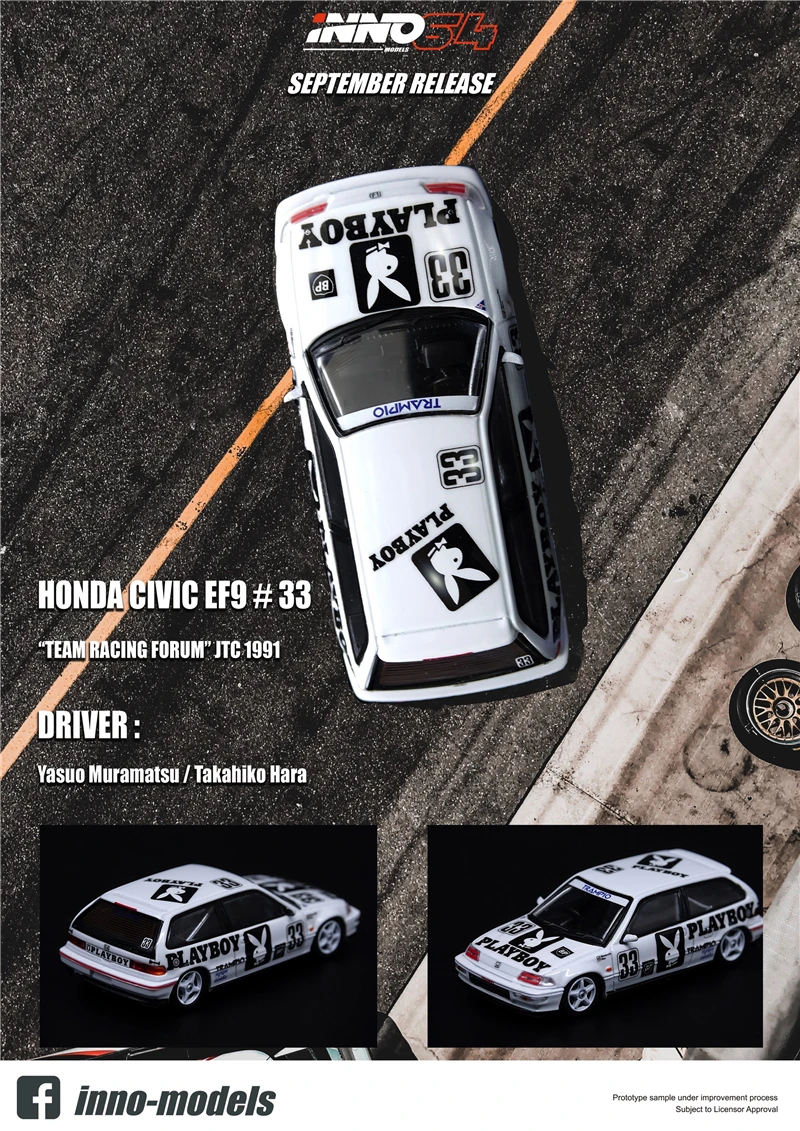 INNO 1:64 Honda Civic EF9 #33 команда гоночного форума JTC 1991 литая модель автомобиля|Наземный