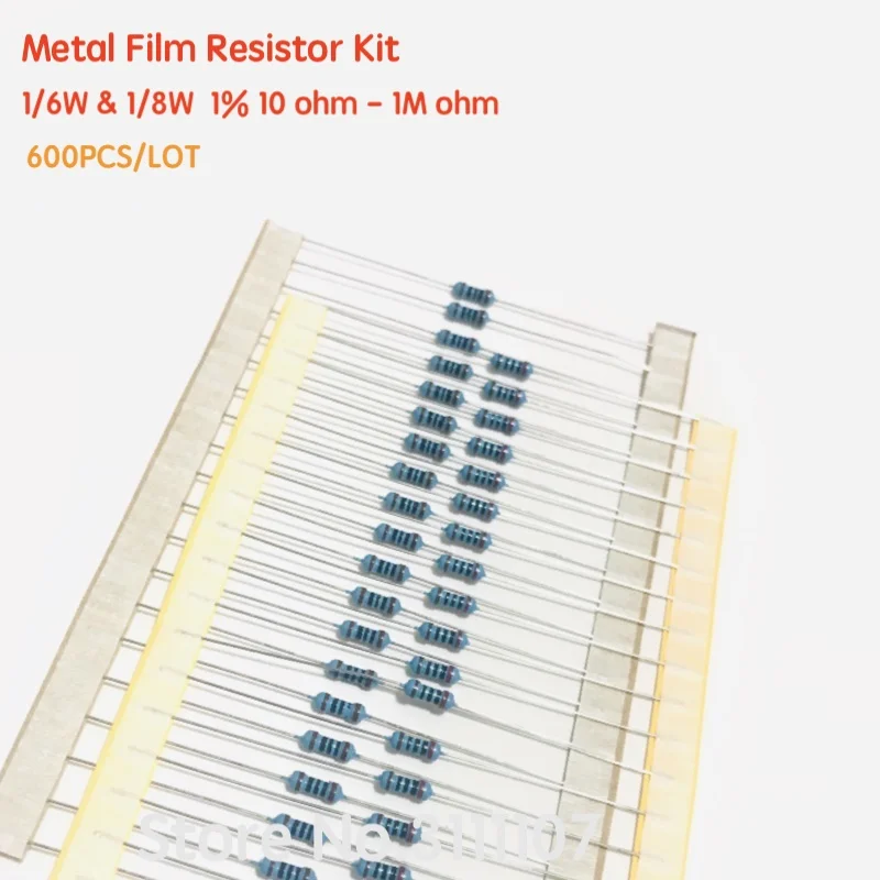 600PCS 1/6W & 1/8W 1% Metal Film Resistor Kit 10 ohm - 1M ohm Color Ring Resistance 10R-1MR Resistor Assorted Set 30 Values