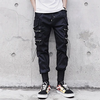 

Mens Pencil Pants Black Ribbons Multi-pocket Joggers Pant Streetwear 2020 Fashion Hip Hop Harem Pants Men Jogger KW63