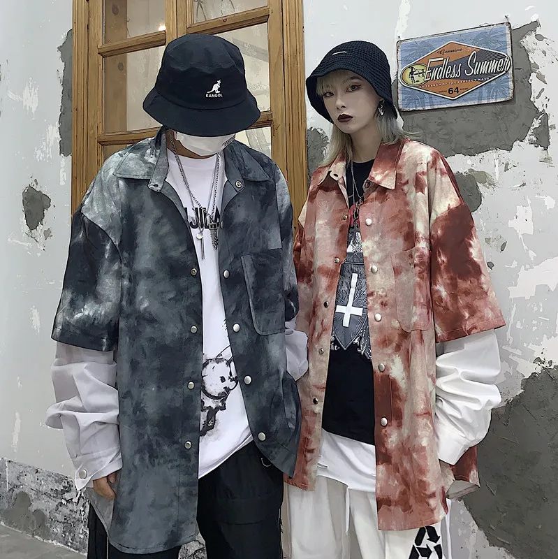 Tie Dye, Женская длинная блуза большого размера,, женская, поддельная, из двух частей, в стиле пэчворк, свободная, хип-хоп, рубашка с отворотом,, BF, с карманом, Ullzang, Мужской Топ
