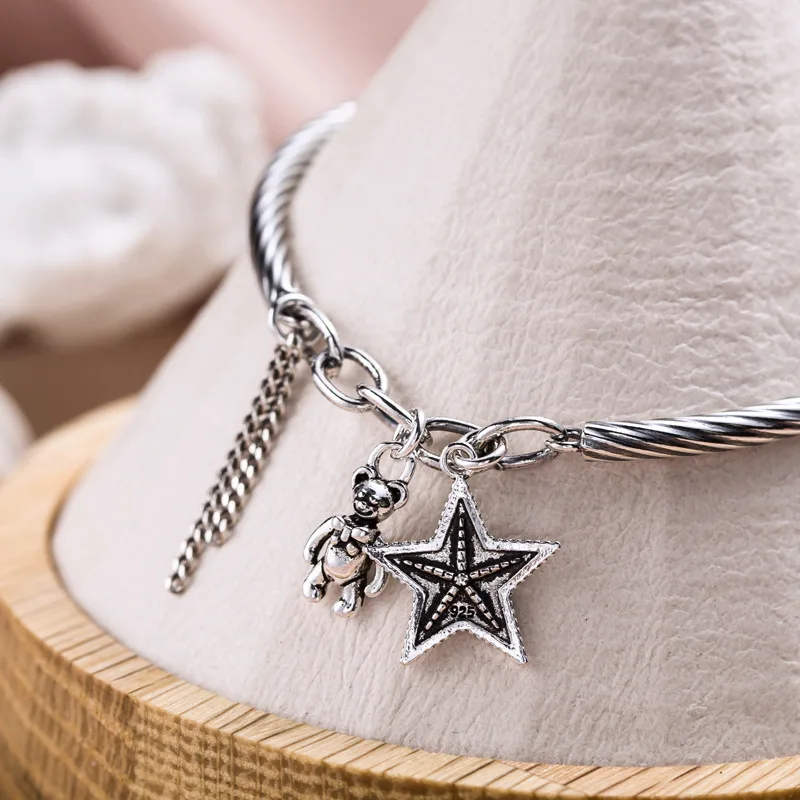 Маленький браслет медведь 925 пробы Серебряный пентаграмма кисточкой браслет под старину пеньковая веревка сплайсинга цепи женские ювелирные изделия