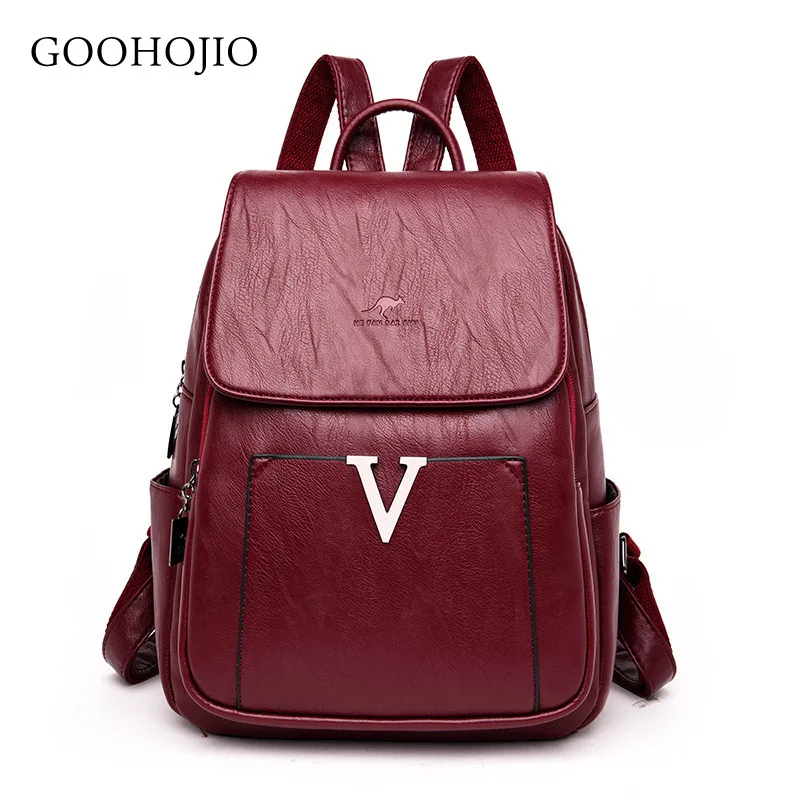 

2019 New Luxury Soft Leather Women Backpack High Quality Simple V Letter school bags for teenage girls Large Capacity Travel Bag