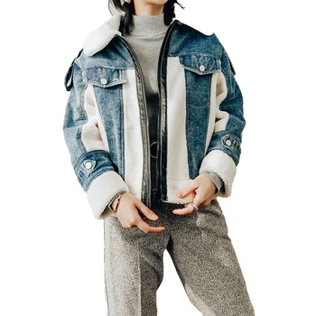

2020 New Women Fashion Warm Imitation Lamb Hair Simple Commuter Denim Stitching Tooling Street Style Coat LX65