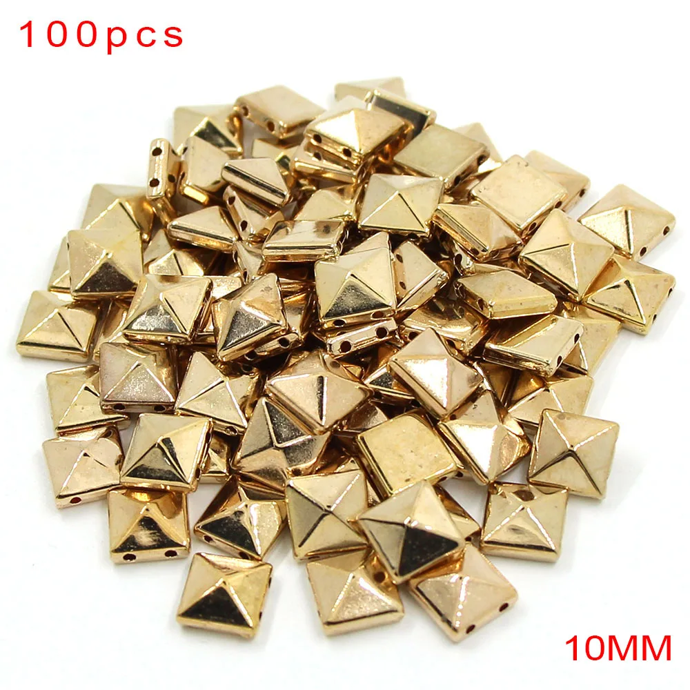 Flat Pyramid Gold 100PcsPlastic шипы 6/8/10/12 мм браслетов, ожерелий, диаметр-цвет серебристый, золотой с заклепками; Цвет Черный; сезон Конус Пирамида Швейные Шипы аксессуары в стиле панк Костюмы с заклепками - Цвет: Flat Pyramid Gold
