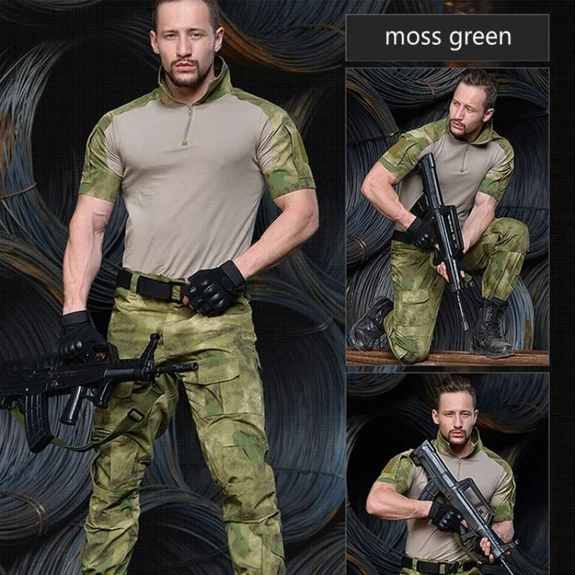 Камуфляжная тактическая рубашка в стиле милитари для мужчин с коротким рукавом солидные армейские рубашки Мультикам Униформа лягушка костюм футболки боевая одежда для мужчин - Цвет: moss green