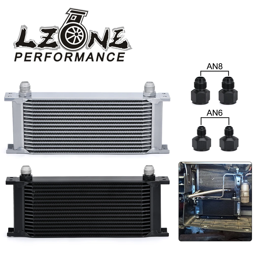LZONE-16 Row AN10 Stacked Plate Oil Cooler 10AN to 6AN 8AN Adapter Universal Engine Transmission Aluminum Sliver/Black JR7016 oil cooler kit