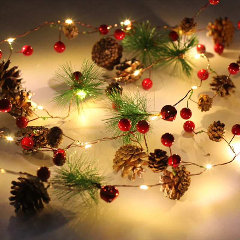 

Garland with Lights Christmas LED String Lights Christmas Bell Pine Needle Pine Cone Xmas Wreath Tree Copper Wire --M25