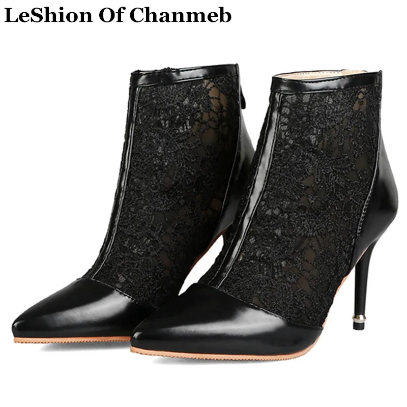 

elegant large size 47 ankle boots for spring autumn summer lace mesh high heels pointy toe shoes women black white booties lady