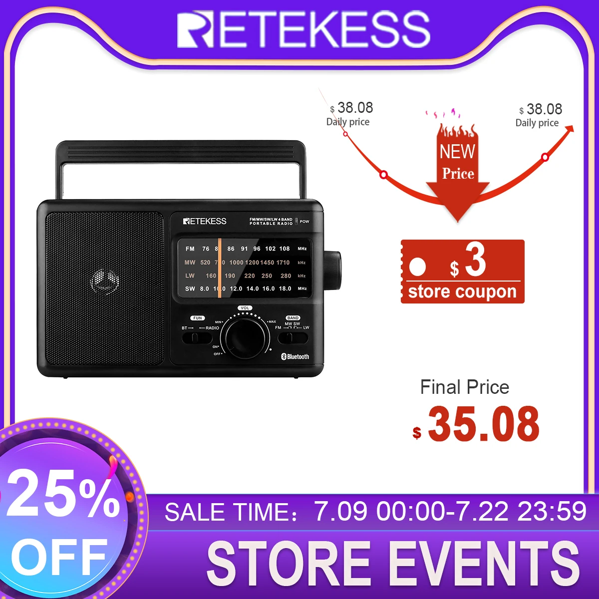 Портативные радиостанции Retekess TR626 AM FM SW LW с Bluetooth AC или 4xD батарейным питанием