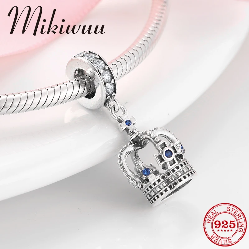 

Fashion 925 Sterling Silver Luxury Blue Zircon Crown Fine Pendant Beads fit Original Pandora Charm Bracelets Jewelry Making