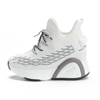

2019 Women Sneakers Mesh Casual Platform Trainers White Shoes 8cm High Heel Wedges Breathable Woman Height Increasing Shoes