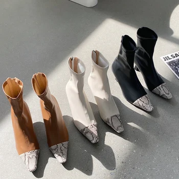

2020 Winter INS Luxury Women Beige High Heels Ankle Boots Brown Black Heels Deisgner Boots Soft Leather Snake Print Boots Shoes