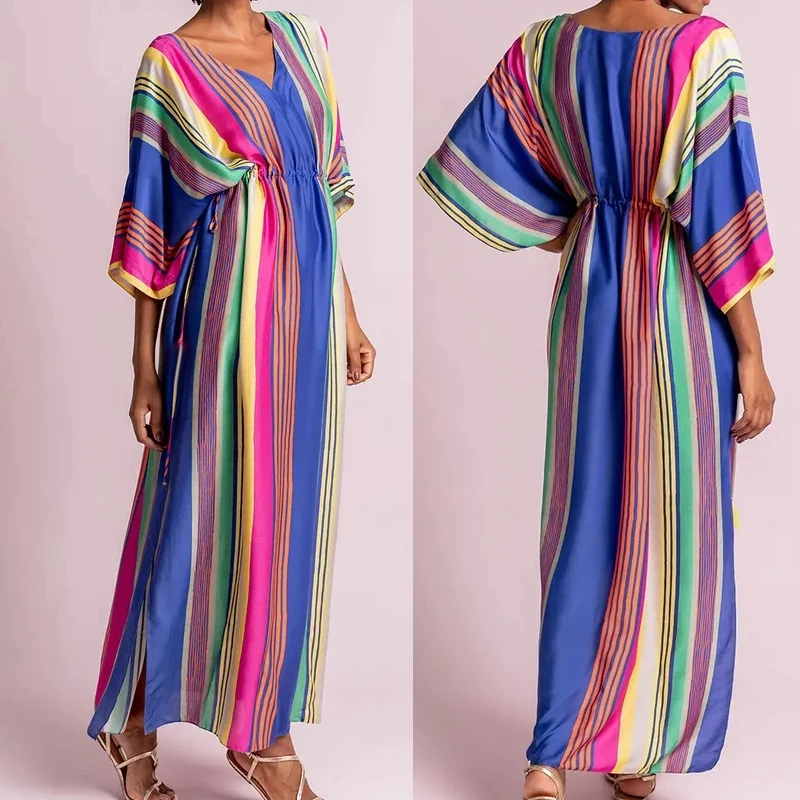 Plus size Print Striped Beach Dresses Cover up V neck wear Bikini Robe Plage Sarong Swimsuit | Женская одежда