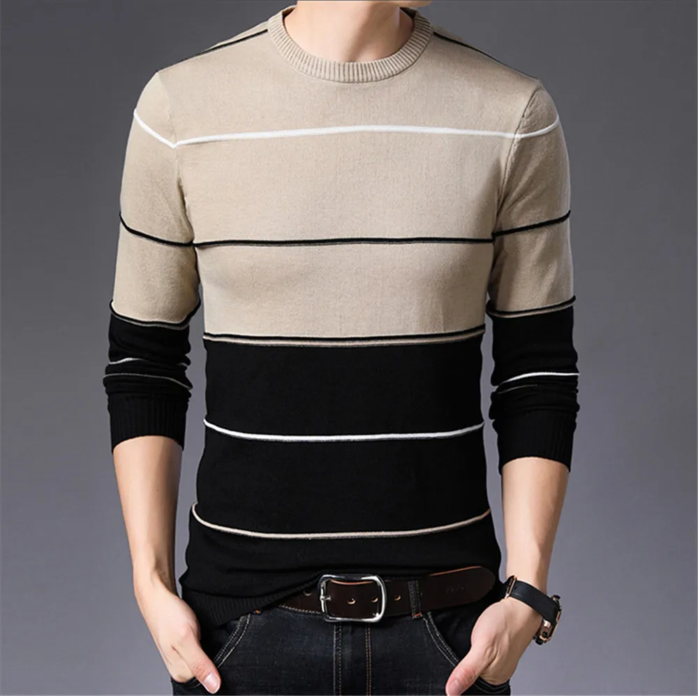 Mens Sweater Fashion Pullovers Autumn Winter Warm Sweater Men Striped Slim Fit Knitted Woolen Sweater Male Casual Clothes