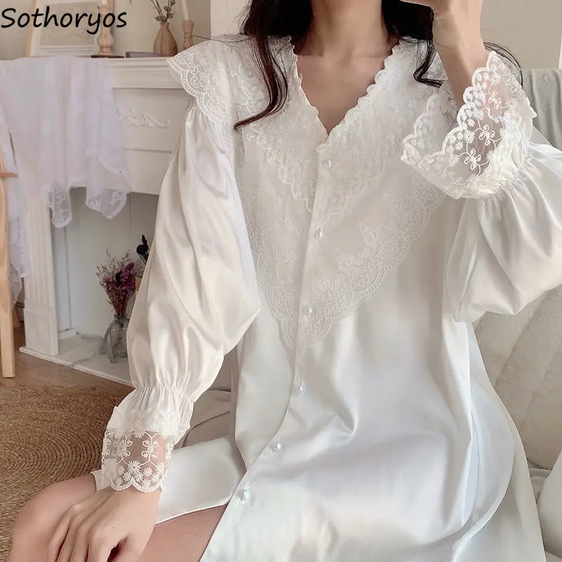 

Ночные рубашки женские кружевные милые весенние Свободные повседневные пижамы с длинным рукавом Корейская Милая винтажная Женская мини-платье белые однобортные