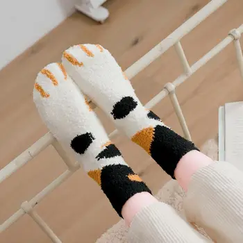 

3 pairs lot pack women socks Plush Coral velvet Autumn Winter Cat paw lovely Thicken Keep warm floor floor happy funny