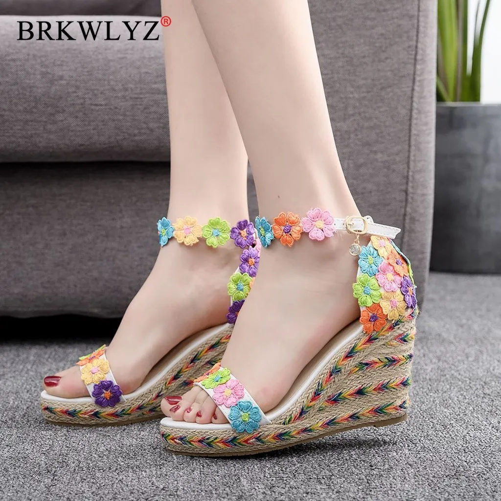 

New 2019 Women Shoes Summer Heels Color Lace Wedges Sandals Ethnic Clan Casual Wedding Shoes sandalia feminina #3