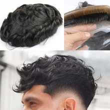 Индийские человеческие волосы натуральный черный цвет естественная волна 1" x 8" размер мужской парик волос штук ПУ швейцарские парики на кружеве для мужчин