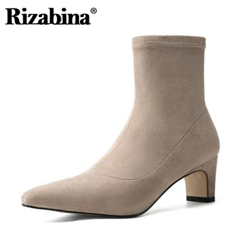 

Rizabina Women Ankle Boots Pointed Toe Slip On Sock Boots Thick Heel Solid Color Shoes Ladies Footwear Winter Female Size 34-39
