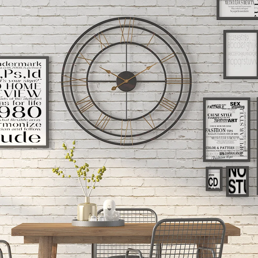 

Large Wall Clock Retro European Style Wall Watch Household Bedroom Iron Art Clock Wall Decor Black Frame Big Watches 60cm