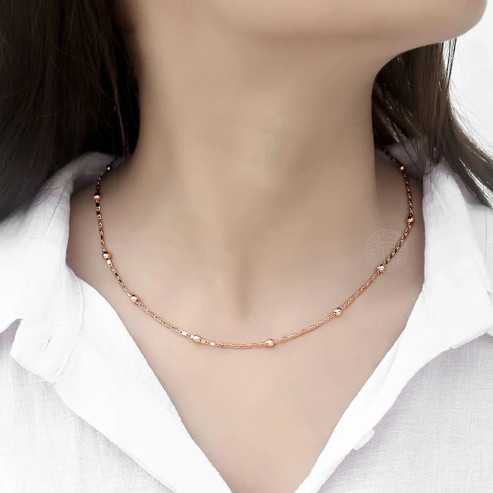 Jewelry sets Jewelry set Chain necklace 585 Rose Gold Color Necklace Bracelet for Women 2mm Marina Stick Bead Link Chain Jewelry Sets Wedding Party Jewelry Gifts LCS09