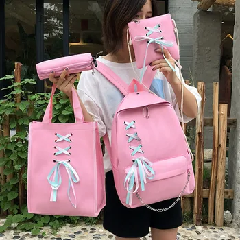 

4 Pcs/set Teenagers Rucksacks Multifunction Casual Canvas Women Backpack Large Capacity Ribbon Bowknot School Bag