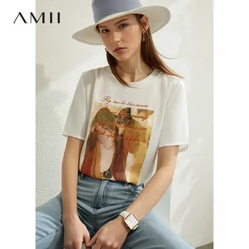 

AMII Minimalism Spring Summer Printed Women Tshirt Tops Causal Oneck Short Sleeves Loose Female Tshirt 12037457