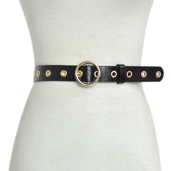 

New Fashion Simple Women's Belt Calfskin Sole round Pin Buckle Punched Faux Leather Waistband