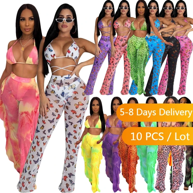 Bulk Items Wholesale Lots Summer Sexy 3 Piece Bikini Set Women Tie Dye Plus Size Sets Beachwear Crop Top Sheer Ruffles Pants Set