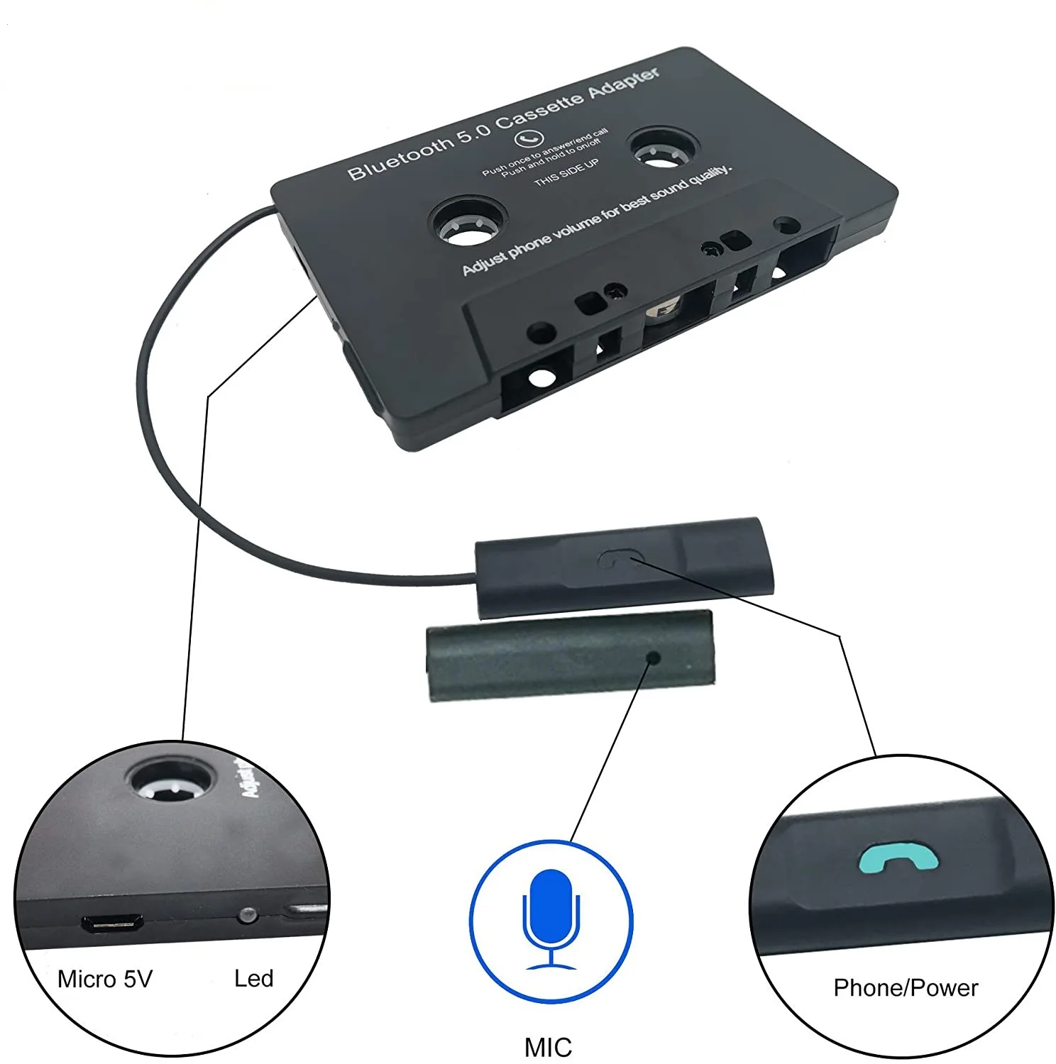 Adaptateur de cassette audio pour voiture Bluetooth 5.0 avec microphone 6H  Music Time 168H en veille