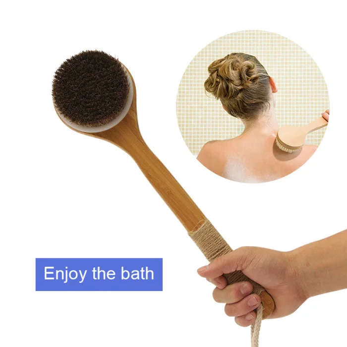 Shower Brush With Long Bamboo Wood Handle Back Scrubber Spa Exfoliator Bath Body Massage Brushes JS11
