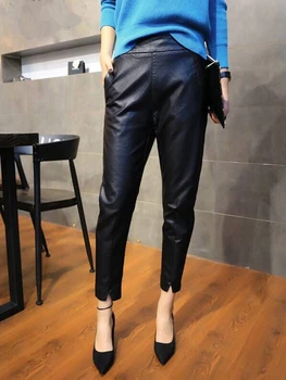 

Autumn winter Women PU Leather Pants Women Elastic Waist Slim Ankle Length Harem Pants Slim Faux Leather Trousers For Female