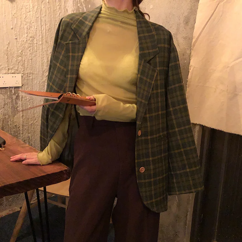 

South Korea Dongdaemun CHIC Autumn Retro Green Plaid Suit Jacket