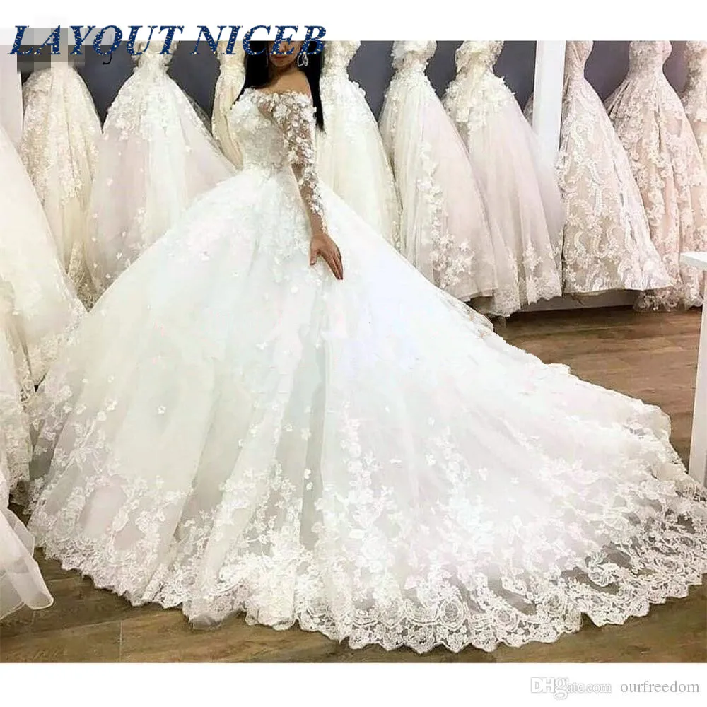 Casamento Роскошные 3D цветок кружева свадебное платье полный рукав лодочка шеи пушистые Бальные платья для невесты на шнуровке Robe De Mariee