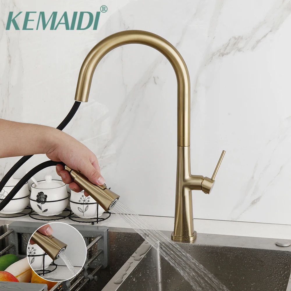 KEMAIDI Brushed Gold Kitchen Faucet Pull Out Kitchen Sink Water Tap Single Handle Mixer Tap 360 Rotation Kitchen Shower Faucet