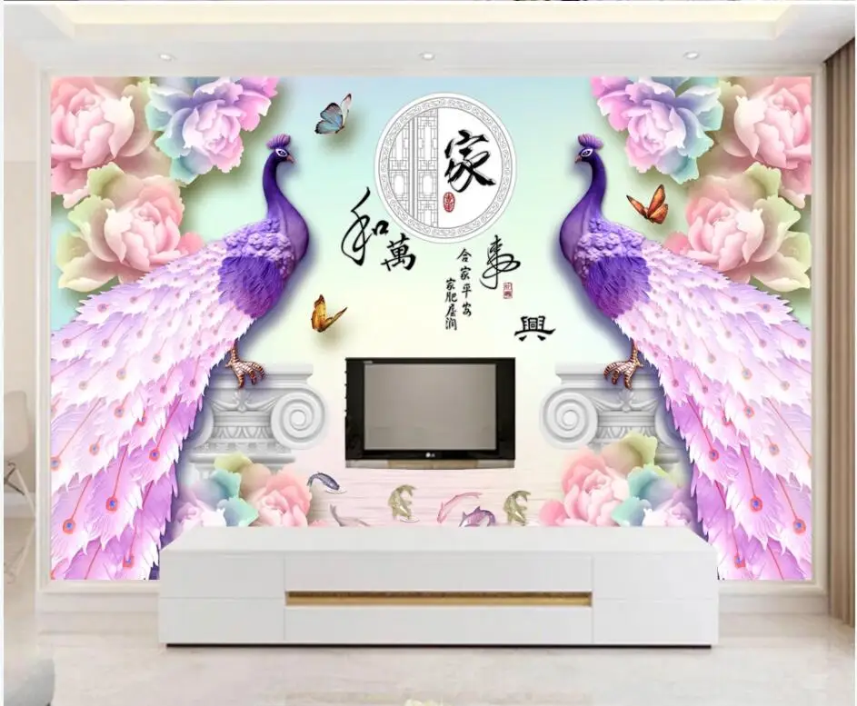 

WDBH 3d wallpaper custom photo Chinese jade carving peony flower peacock home decor 3d wall murals wallpaper for walls 3 d