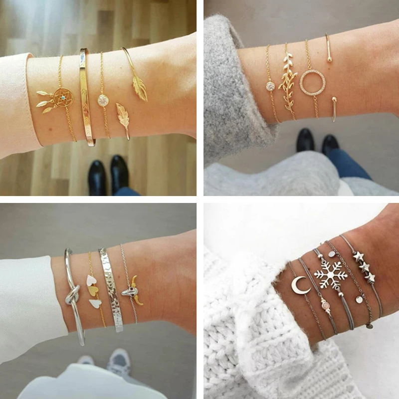 

docona 23 style Bohemian Leaf Shell Beadeds Bracelet Set for Women Vintage Rhinestone Rope Geometric Layered Bracelet Bangle