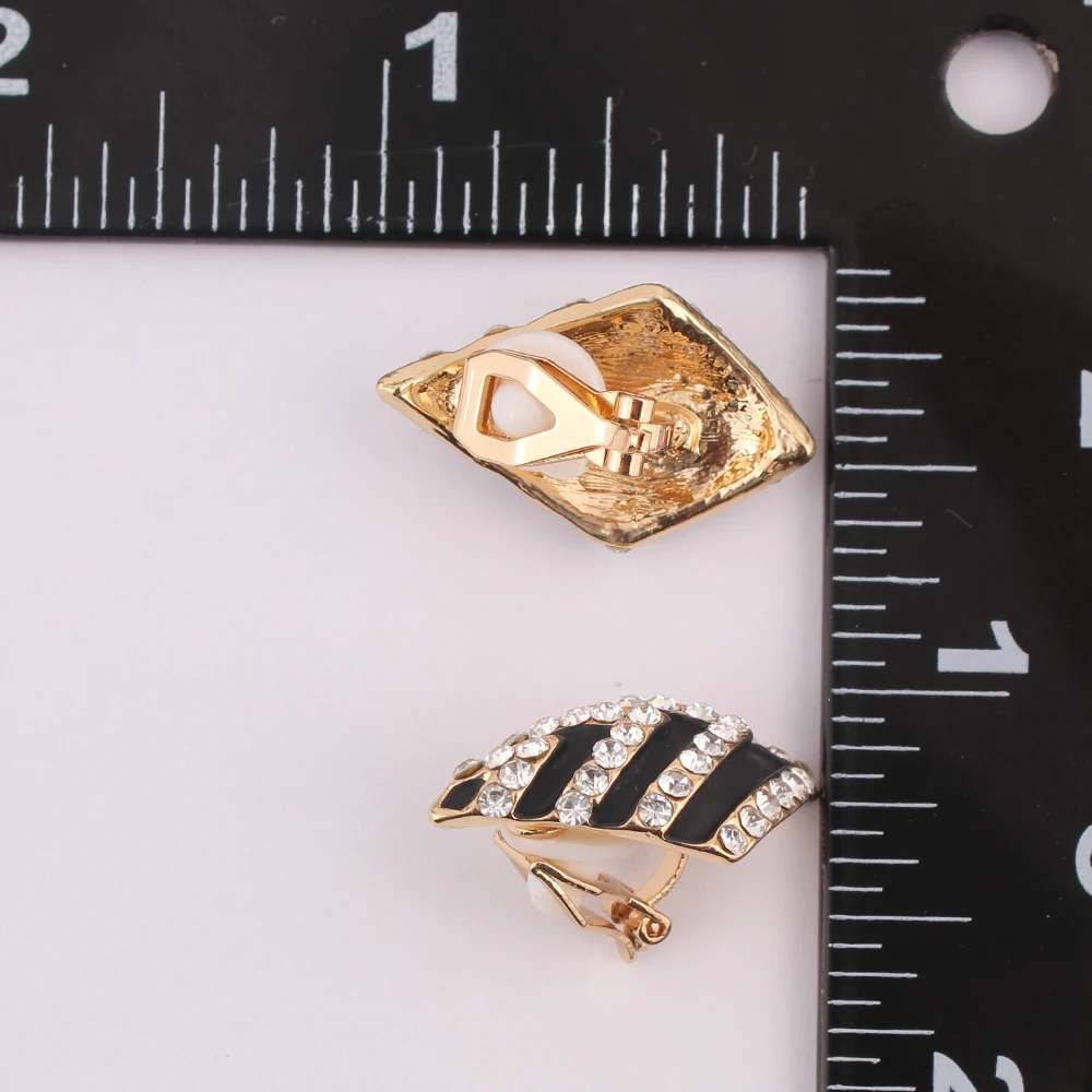 GRACE JUN Gold Black Shape Clip on Earrings for Women Elegant Rhinestone Clip Earrings No Ear Hole