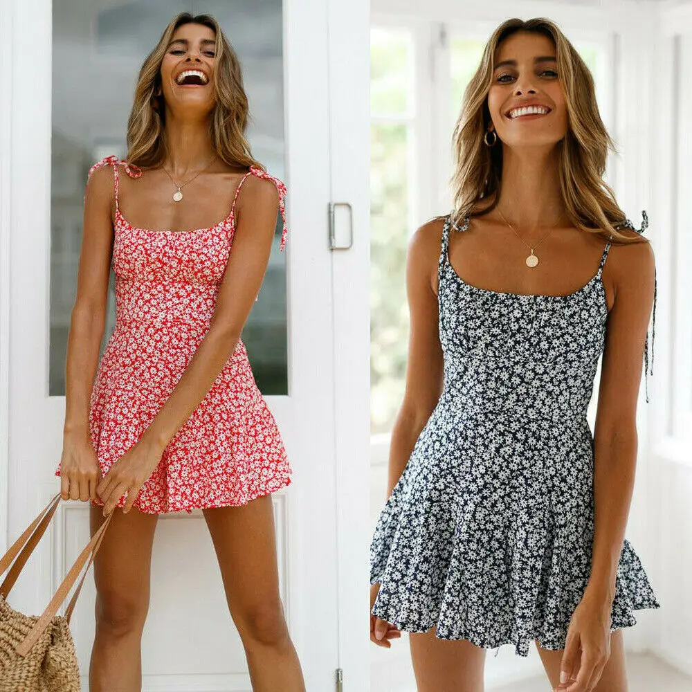 Vestido corto informal de verano con estampado de flores para mujer, minivestido playero bohemio Vintage para mujer