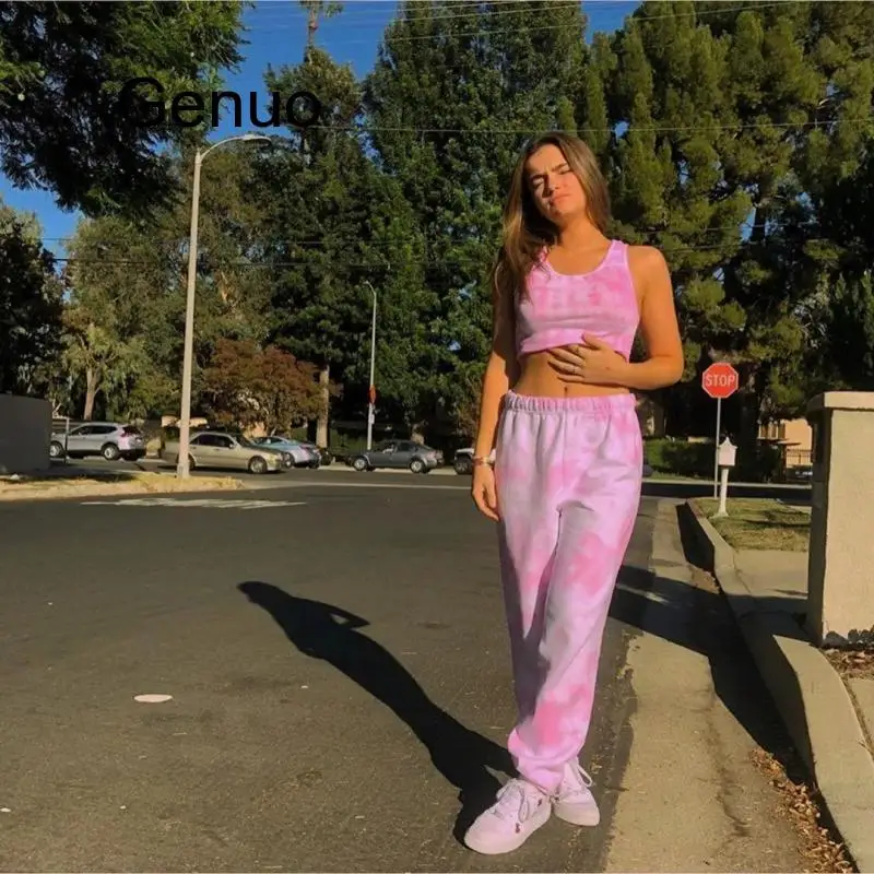 

Костюм для бега Tie-dye, спортивный костюм из двух предметов, женский летний укороченный топ и брюки, Модный повседневный Женский комплект с принтом, спортивный костюм, Новинка