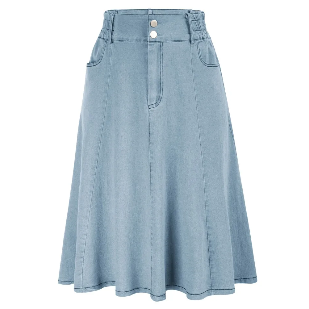 

Women Cotton Blends Denim Skirt High Waist Flared A-Line Skirt Fashion Youth Girls Lady Casual Knee Length Jean Skirts New